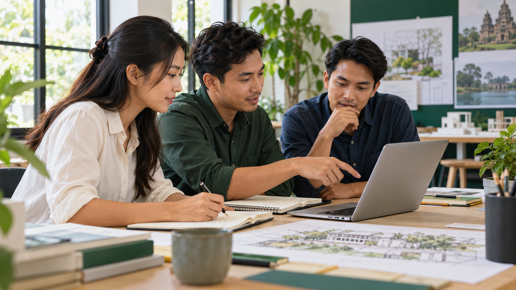 AI-generated illustrative scene of three professionals reviewing work together on a laptop